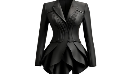 A woman confidently struts in a sleek black jacket and skirt ensemble