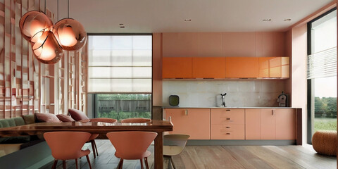 modern kitchen interior, fuzzy peach color scheme, wooden table