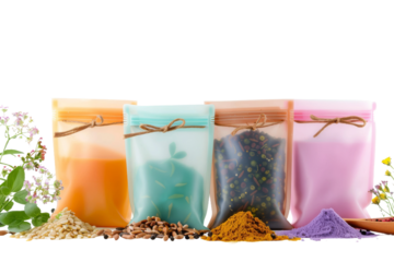 Bags Filled With Various Spices. On a Transparent Background.