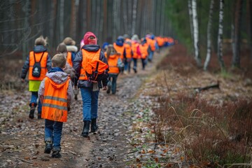 Kindergarten in Forest, Children Walking with Tutors in Wild Park, Finnish Forest School, Forest...