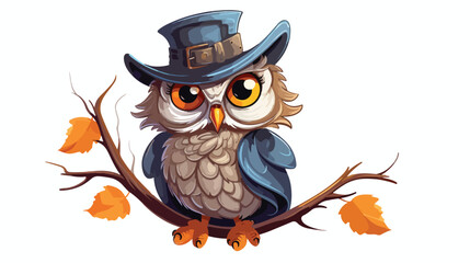 Owl funny and hat on a branch flat vector 