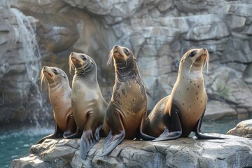 Fototapeta premium Professional Photography of a Group of Playful Sea Lions Basking in the Sun on a Rocky Outcrop, Generative AI