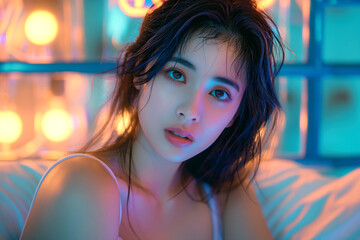 beautiful young Asian woman girl by the bed at night with neon lighting in the bedroom