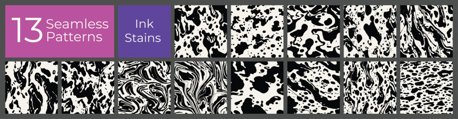 Geometric pattern set. Abstract liquid ink stain cover. Modern creative blot stain background.