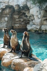 Obraz premium Professional Photography of a Group of Playful Sea Lions Basking in the Sun on a Rocky Outcrop, Generative AI