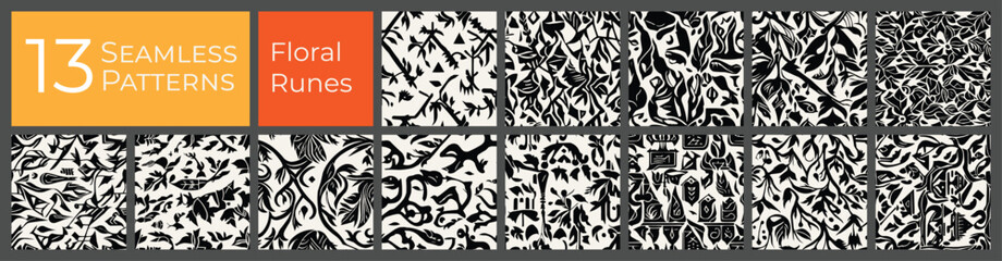 Floral deco pattern collection. Monotone clean baroque art. Abstract textile deco pattern. - 761242384