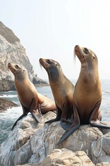 Professional Photography of a Group of Playful Sea Lions Basking in the Sun on a Rocky Outcrop, Generative AI
