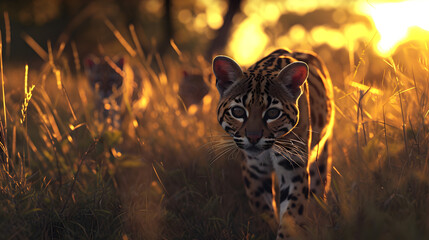 Ocelot family in the savanna with setting sun shining. Group of wild animals in nature.