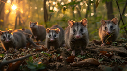 Opossum family in the forest with setting sun shining. Group of wild animals in nature.