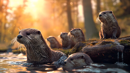 Otter family at the bank of the forest river with setting sun shining. Group of wild animals in nature.