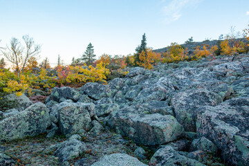 Rocky and autumnal landscape of Sallatunturi, demanding mountain terrain in Salla, Finland, Northern Europe - 761242570