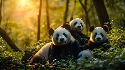 Panda bear family at the rain forest with setting sun shining. Group of wild animals in nature.