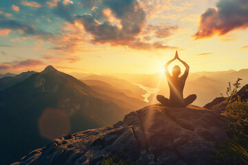 A guy meditates and does yoga against the backdrop of mountains and sunset.