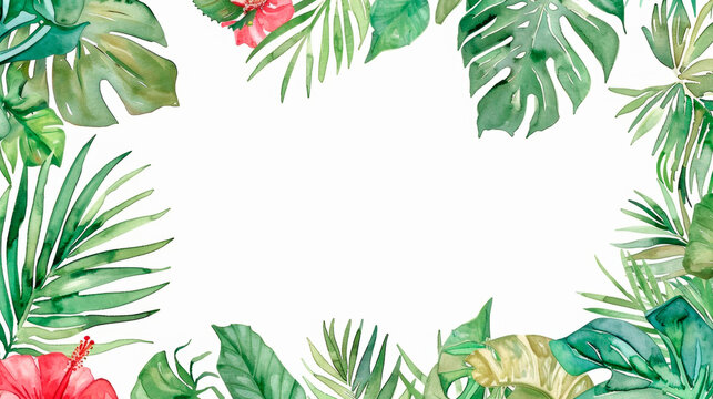 A watercolor masterpiece featuring a colorful array of tropical leaves and exotic flowers in a vibrant and lush composition. Cosmetics presentation. Beauty treatment. Banner. Copy space