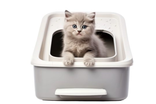 A Cat Sitting Inside of a Litter Box. On a Transparent Background.
