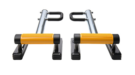 A pair of vibrant yellow and sleek black barbells rest on a clean white background