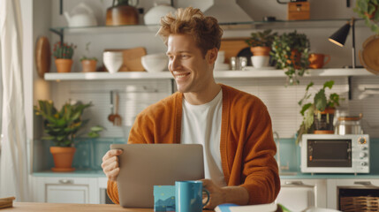 A man in an orange cardigan and white shirt is laughing while using a laptop and holding a blue mug at a kitchen table surrounded by houseplants.