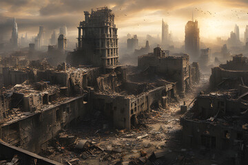 A view of the horror of the destruction of the city after the hostilities. summer time. without people. AI generated