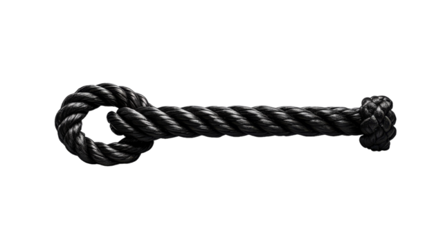 A black rope elegantly coils across a stark white background