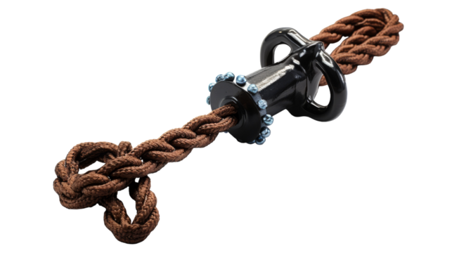 A detailed close-up of a single rope, lying intricately on a pure white background