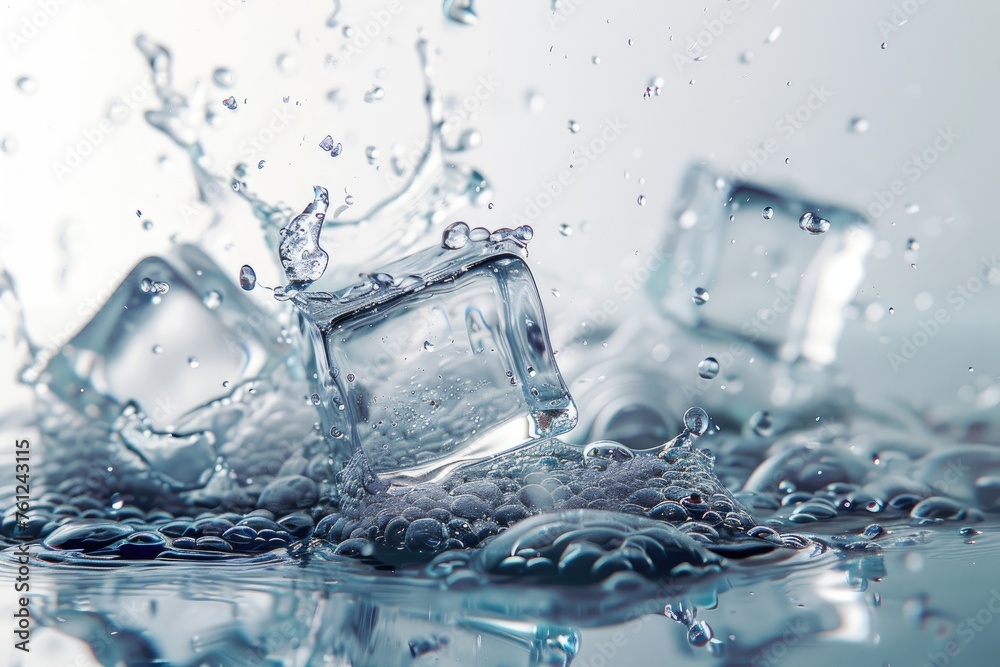 Sticker Ice cubes and water splash isolated on white background, freeze motion.