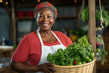 An older African American woman, smiling widely, holds a basket brimming with fresh green vegetables, in a rustic kitchen setting