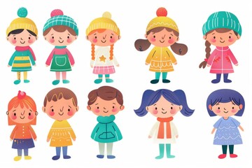 Fototapeta premium Variety of cartoon vector children in colorful outfits. A diverse group of cartoon children standing in row wearing various colorful outfits representing different styles and personalities 