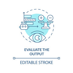 Evaluate output soft blue concept icon. Prompt engineering. Assess response of ai model. Effective instruction. Round shape line illustration. Abstract idea. Graphic design. Easy to use in article