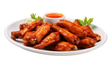 White Plate With Wings Covered in Sauce. On a Transparent Background.