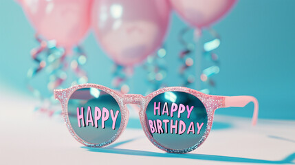Pink sunglasses with the words "HAPPY BIRTHDAY" written on them, with pastel pink balloons on the blue background. Minimal birthday party and celebration background 