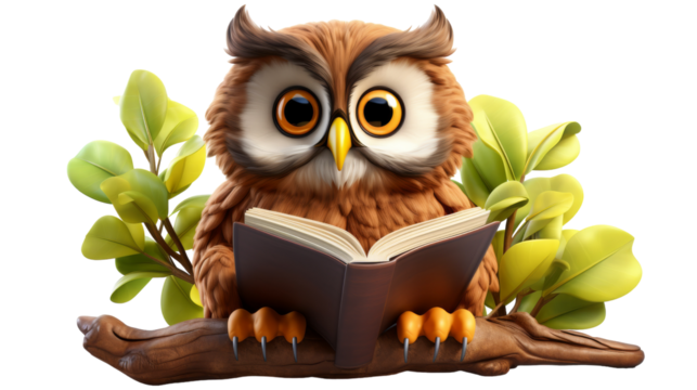 An owl perched on a branch, engrossed in reading a book