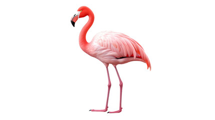 A graceful pink flamingo stands on a pristine white surface
