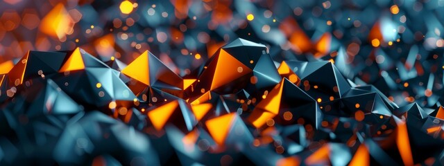 Futuristic abstract background with low poly geometric shapes. Shiny metal polygonal elements in motion. - obrazy, fototapety, plakaty