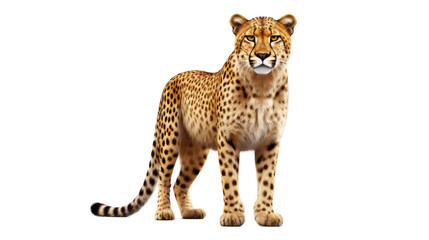 A majestic cheetah stands proudly on a clean white background