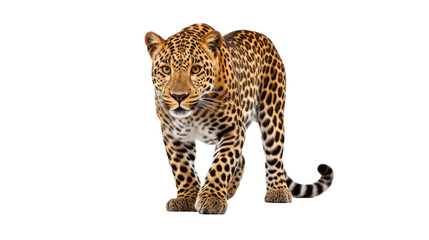 A large leopard gracefully walking across a white background