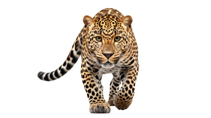 A large leopard gracefully walks across a pure white background