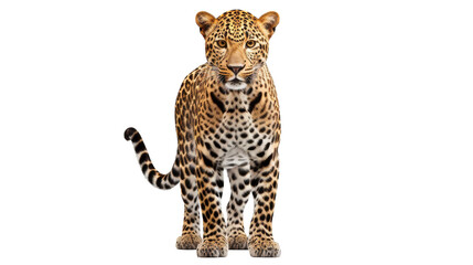 A large leopard confidently stands on a stark white floor