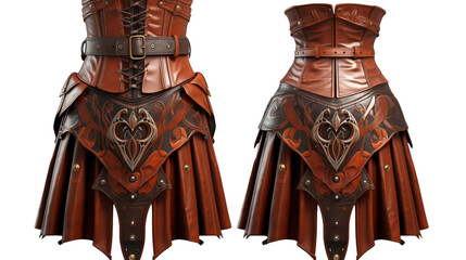 Two intricately designed leather corsets displayed against a dark background