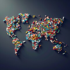 World Map Made of Medicine Pills, Pill Earth, Abstract Generative AI Illustration
