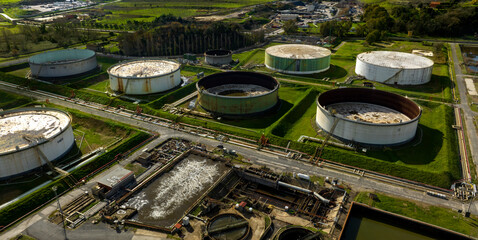 Aerial view of abandoned tanks of a sewage and water treatment plant.