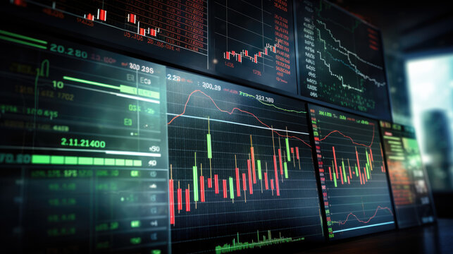 Close-up of a financial trading screen displaying market data with various colored candlestick charts, numerical values, and trend lines indicating stock performance. - Powered by Adobe
