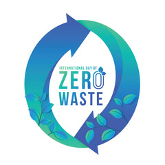 International day of zero waste - Green blue Text in Zero number with arrow curve shape and plant leaf around vector design