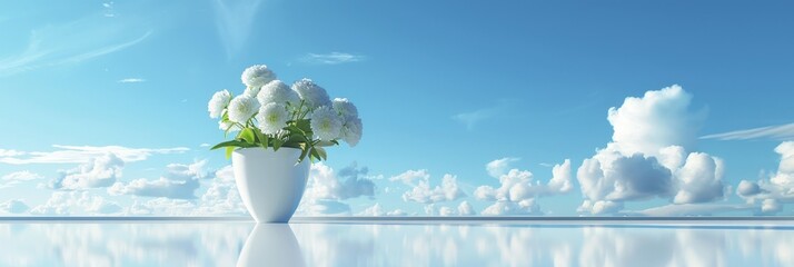 White Flowers Vase on Table, Light Wall Background, Early Morning, Blue Skies and White Clouds