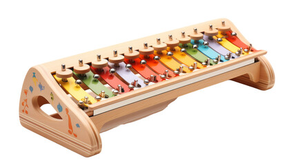 A wooden musical instrument with multicolored keys creating a vibrant and harmonious display