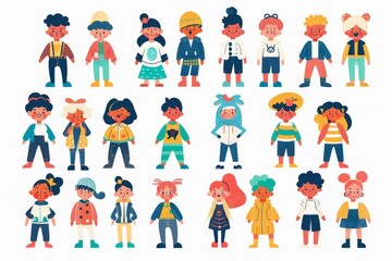 Naklejka premium Variety of cartoon vector children in colorful outfits. A diverse group of cartoon children standing in row wearing various colorful outfits representing different styles and personalities 