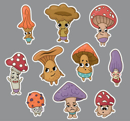 Set of stickers cartoon mushrooms. Kawaii characters mushrooms.