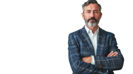 Bearded man in a suit, standing with arms crossed