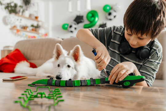 Boy assembling toy snake model near dog at home