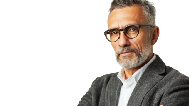A man with glasses and arms crossed in a suit, looking contemplative