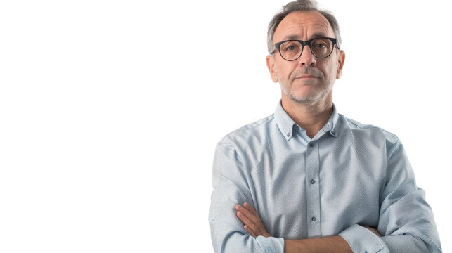 A man with glasses stands with arms crossed, exuding confidence and deep thought